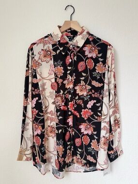Saint+Sofia Floral Button-Up Long-Sleeve Shirt Black & Cream Size M
